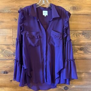 Misa Los Angeles Deep Purple Ruffle-Sleeve Button Down Shirt